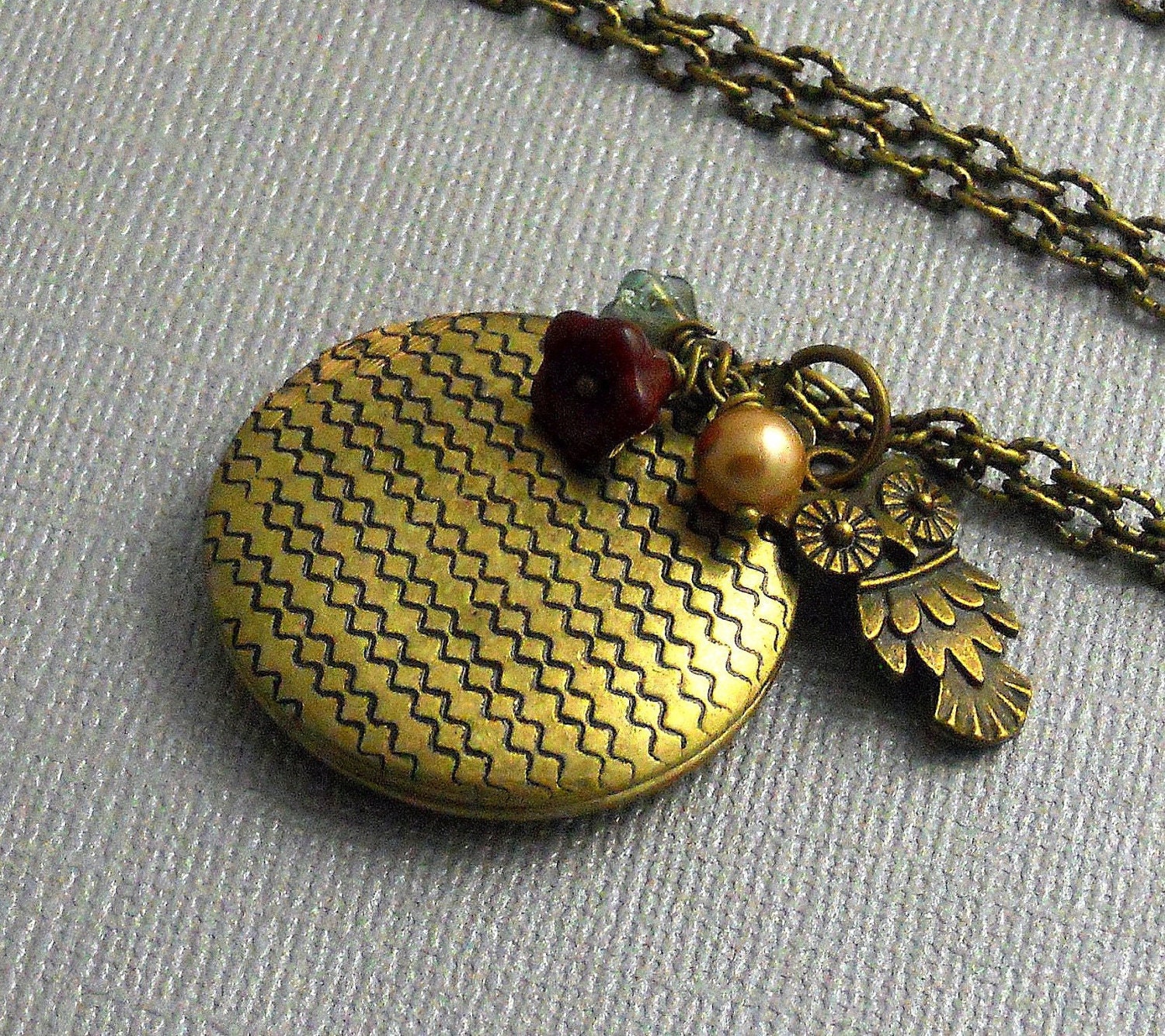Vintage Bronze Memory Botanical Bird Owl Crimson, Red, Period Locket Necklace, Long Chain- MYTHICAL KING