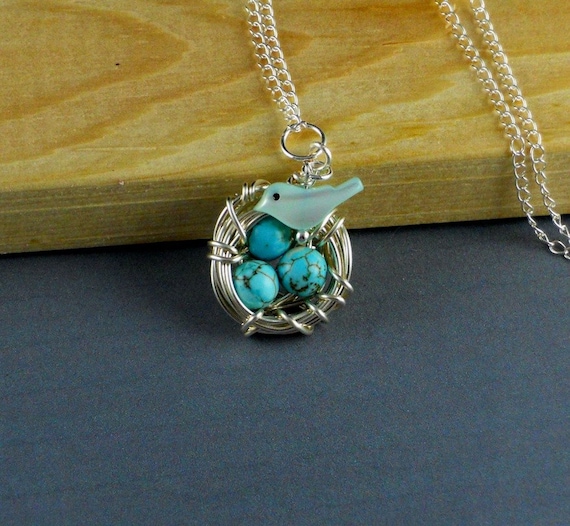 Mother of Pearl Robin With Egg Nest Sterling Silver Chain Necklace