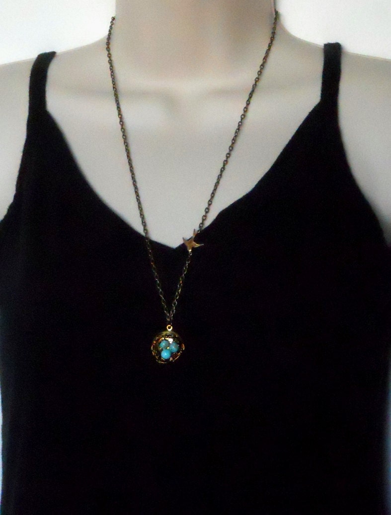 Locket Robin Egg Bird Nest Vintage Bronze Necklace