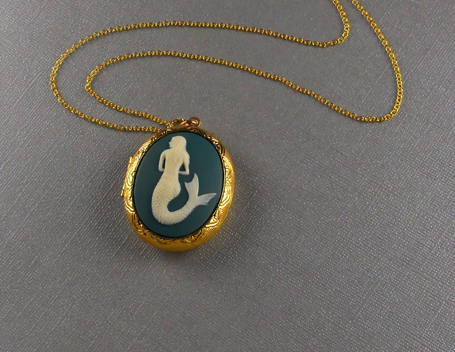 Mermaid Locket Gold Plated Locket Big Locket Necklace Long Chain