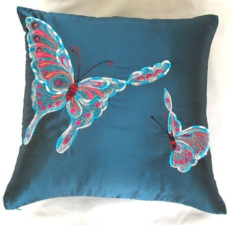 teal blue butterfly  cushion cover  18 inch decorative throw pillow