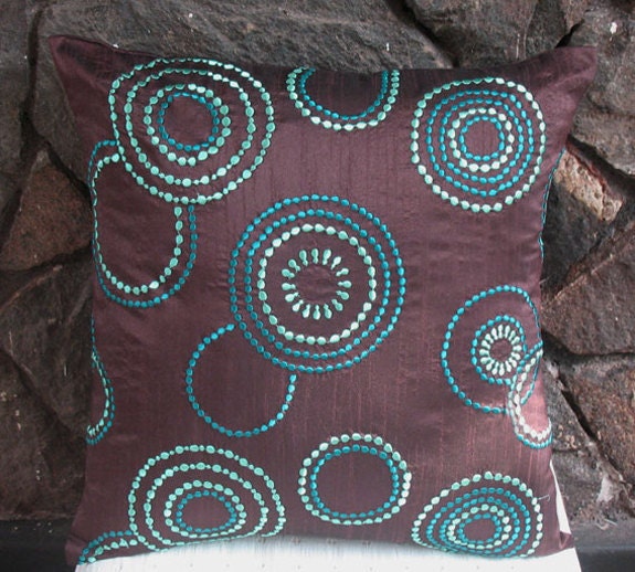 Brown throw pillow embroidered w/ teal blue and aqua blue circles 18 inch cushion cover