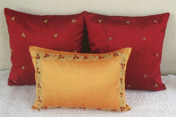 gold oblong boudoir pillow with red flower embroidery 12X18 inch decorative throw pillow IN STOCK