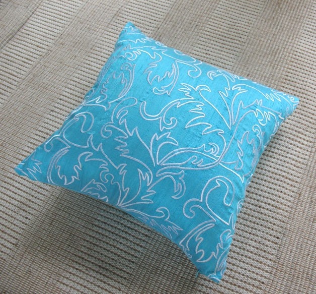 turquoise blue silk throw pillow and decorative cushion with moroccan/marakesh inspired white embroidery