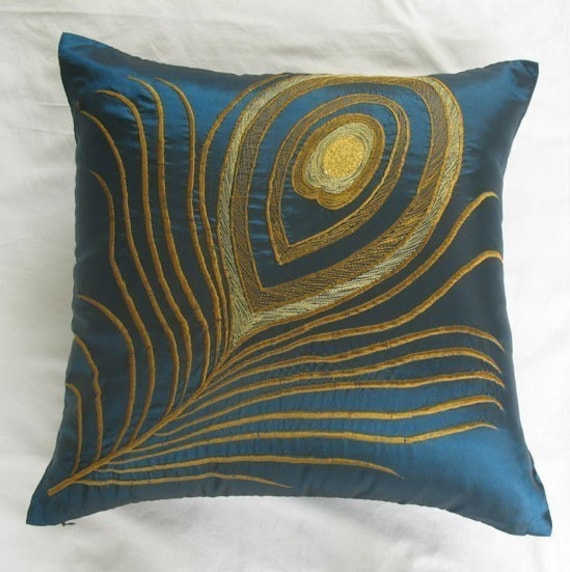 Items similar to teal blue throw pillow with peacock feather 18 inch decorative cushion cover on ...