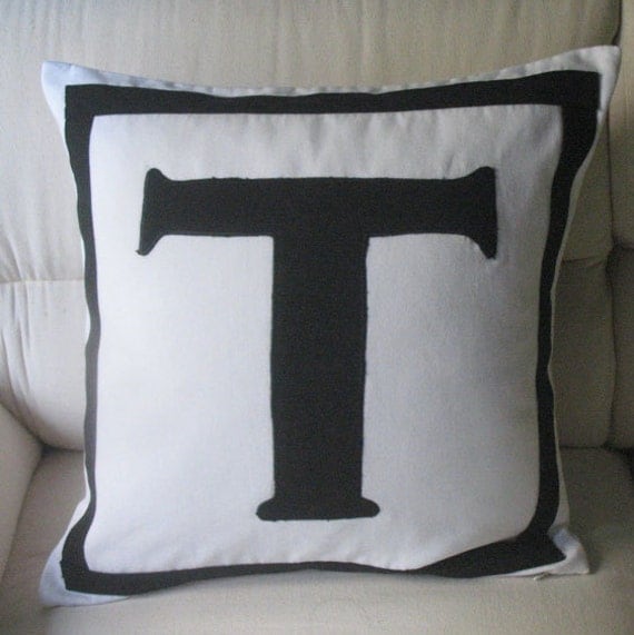 Custom made white throw pillow cover with black letter and border-18 inches monogrammed cushion