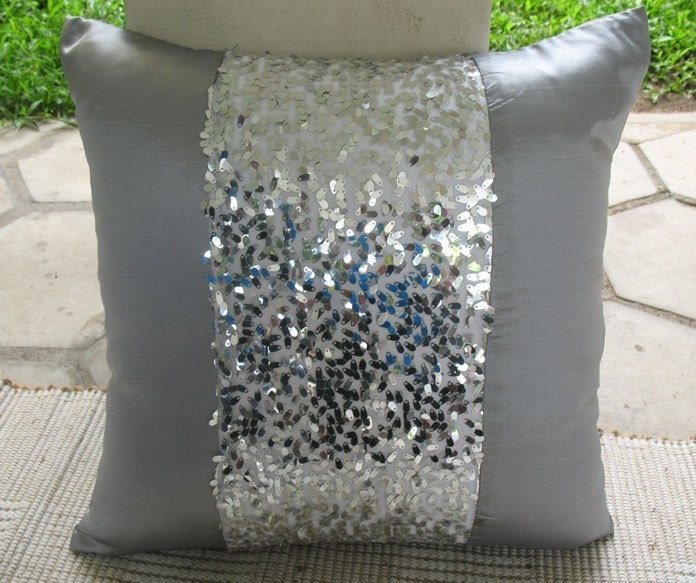 gray silk taffeta cushion cover with sequin embellisment 18 inches