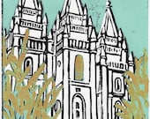 Salt Lake Temple lino-cut Wheat and Tares 5 x 7