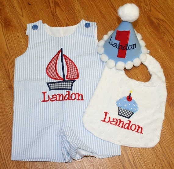 First Birthday Boy Monogrammed Jon Jon Bib Hat Set - Custom Made - Match Your Theme- Sailboat