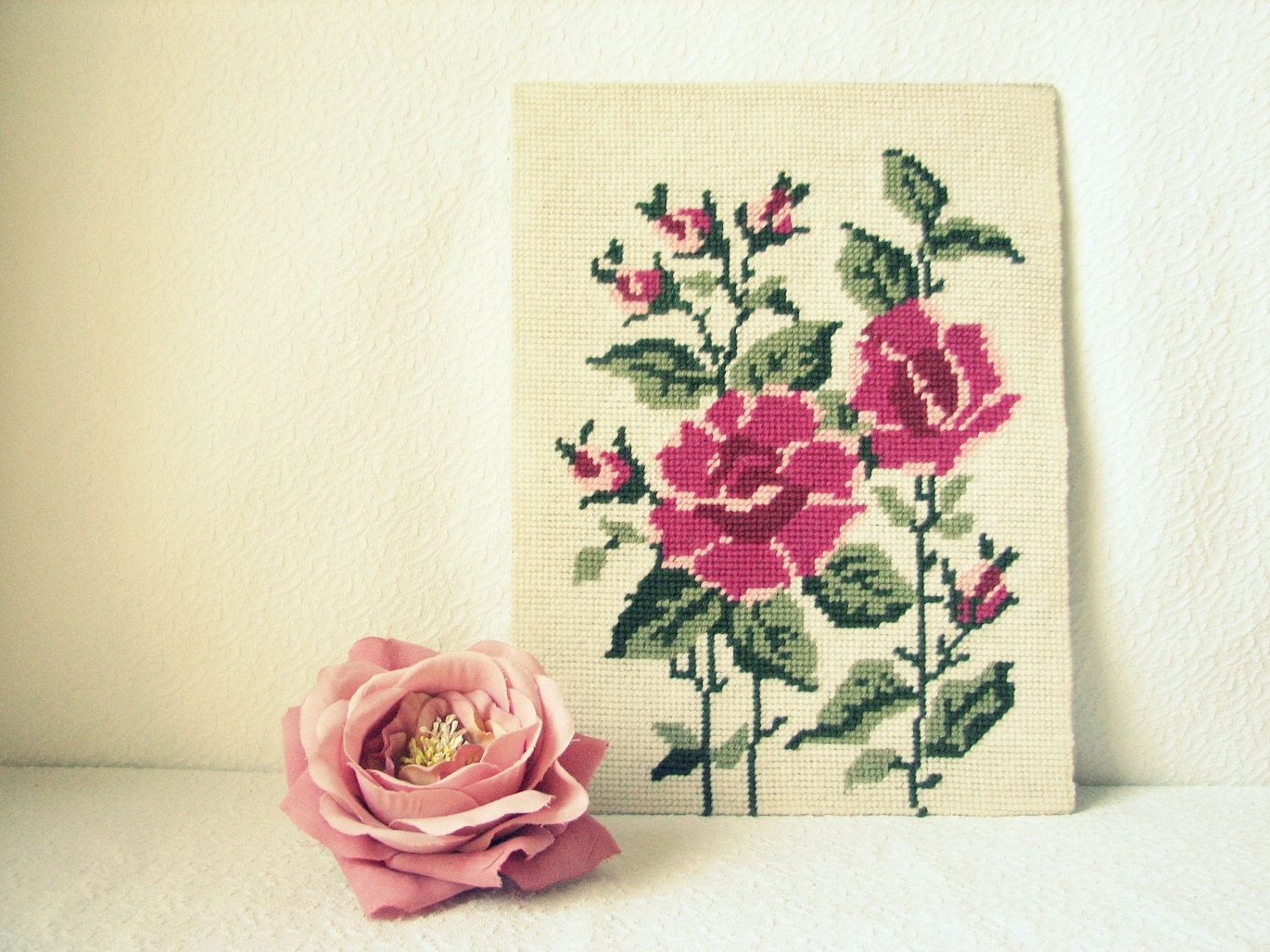 Vintage Rose Needlepoint Wall Hanging