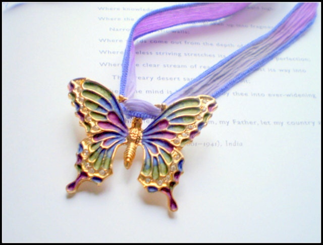 Vintage Butterfly Pendant on Silk Variegated Ribbon