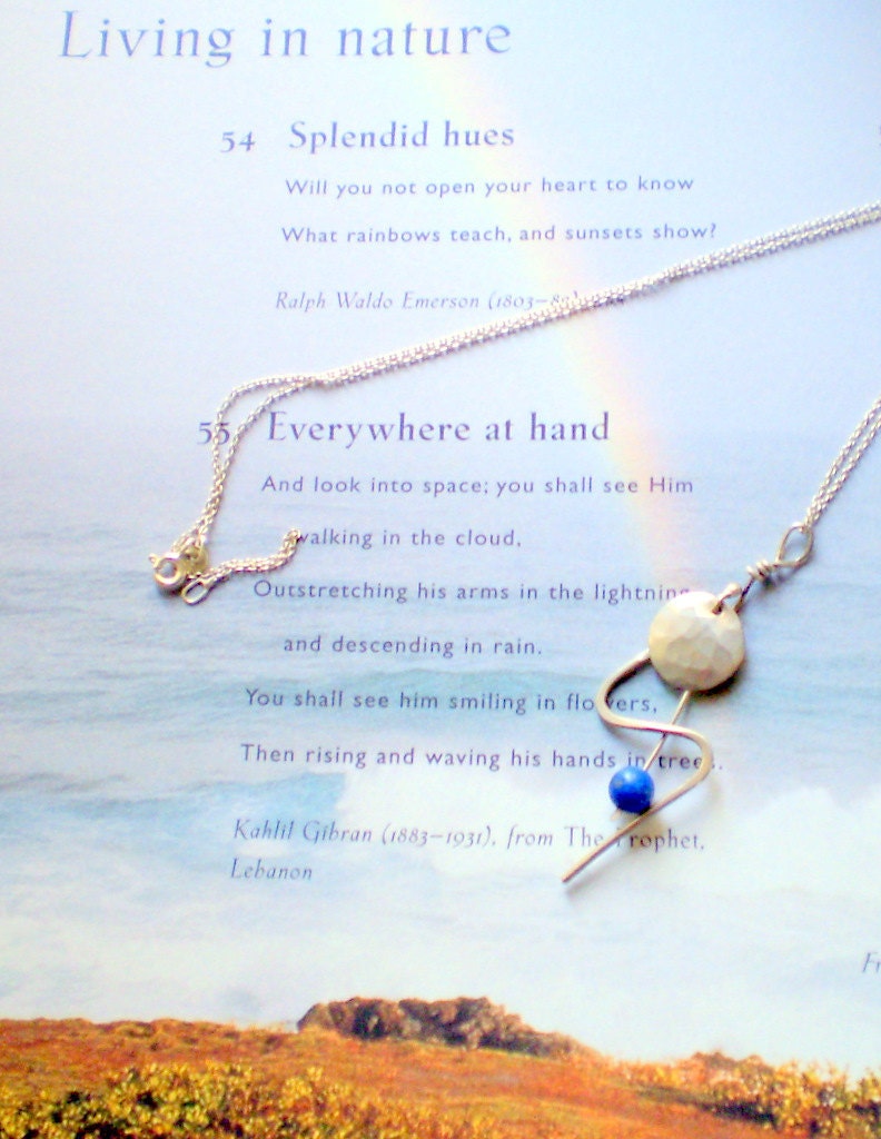 Thunderbolt Lapis And Sterling Silver  Hammered Necklace  on Vintage Silver Chain