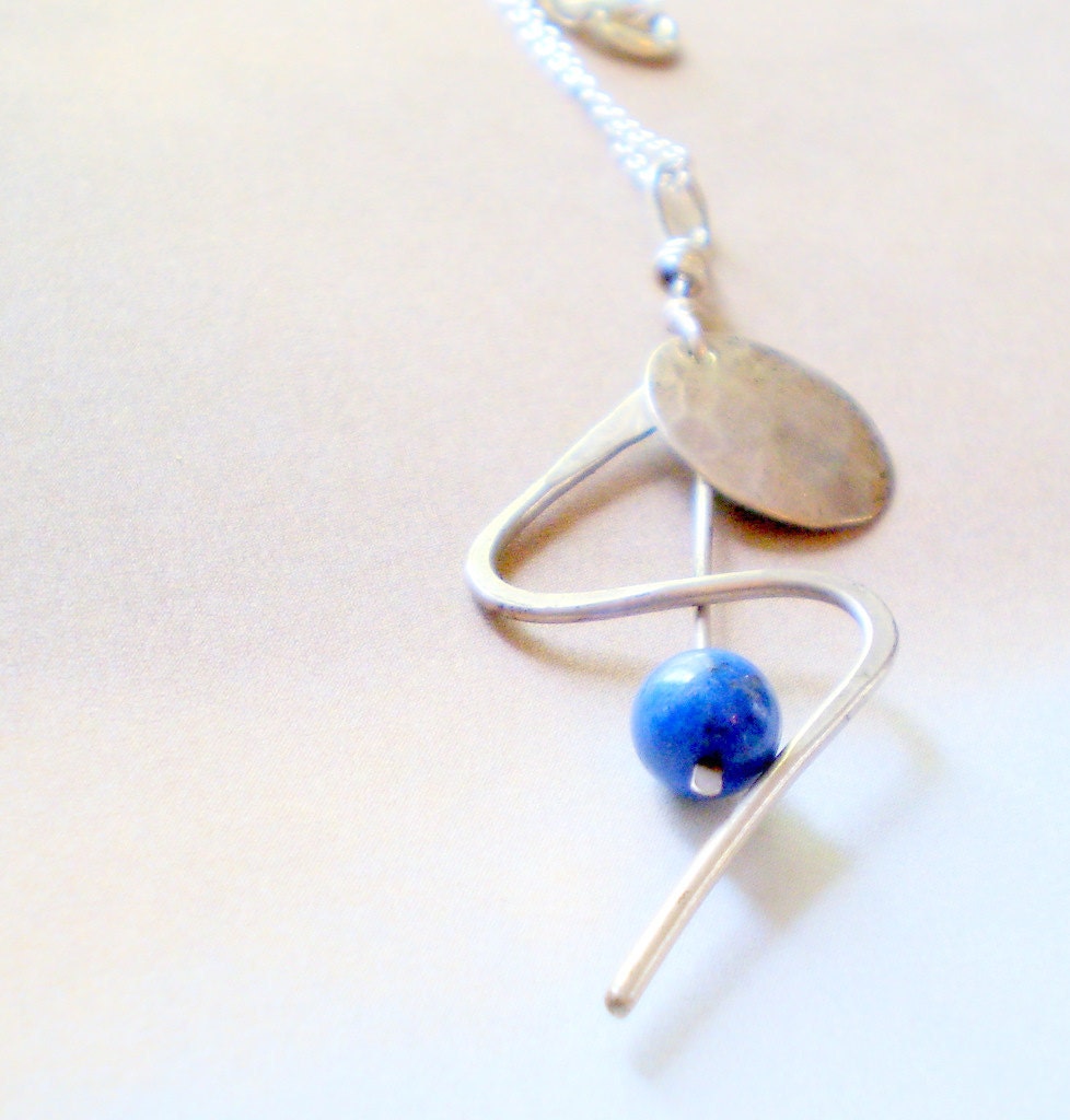 Thunderbolt Lapis And Sterling Silver  Hammered Necklace  on Vintage Silver Chain