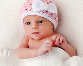 Crochet Baby Hat Girl - Baby Photo Prop, Newborn Baby Hat, Pink with White Trim and Bow  0 to 3 months