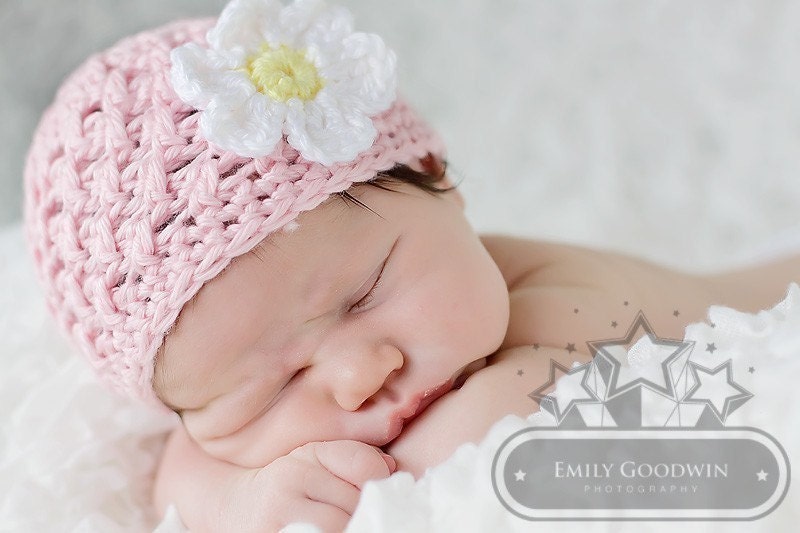 Baby girl Crochet Beanie Hat  Pink with Daisy Flower Newborn