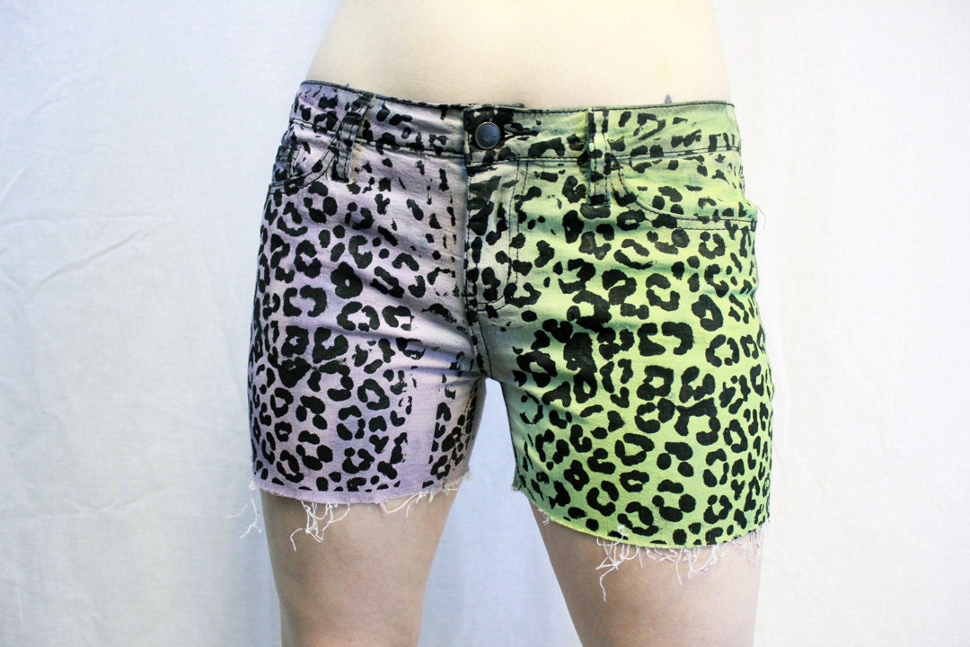 Two Tone Leopard Print Shorts - Dip Dye Green Purple Black - Crust Punk Rock Frayed Eco Friendly Jeans