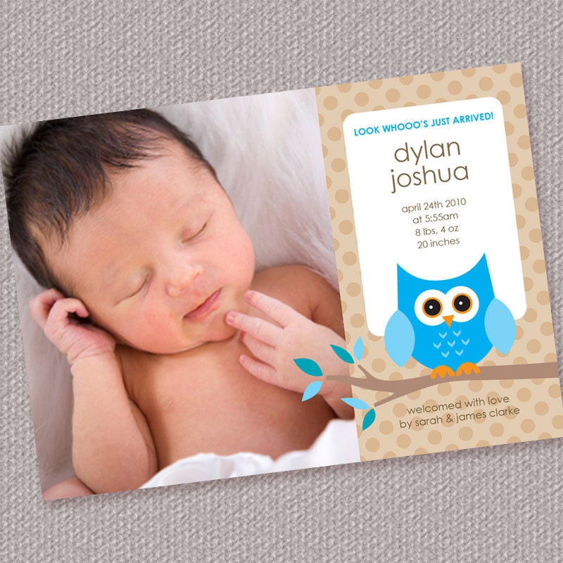 Blue Owl Baby Boy Birth Announcement Photo Printable Personalized (Digital File)