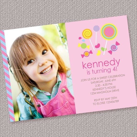 Bright Candy Photo Birthday Party Invitation Personalized Custom Printable Girl (Digital File) Il_570xn