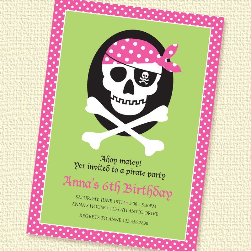 Pirate Skull Pink Birthday Party Invitation Printable Custom Personalized (Digital File) Il_570xn