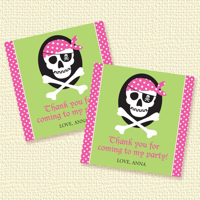 Pirate Skull Pink Party Favor Tags or Stickers Personalized Printable (Digital File) Il_570xn
