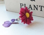 Fuchsia Sunflower Ring Resin Cameo Cabochon - Silvertone adjustable band - UK Seller