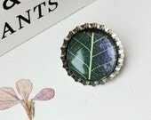 Leaf Skeleton Brooch Bottle Top Purple with delicate Green leaf round cabochon - UK seller