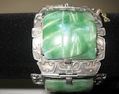 Vintage Mexican Carved Calcite Jade Sterling Silver Bracelet Masks Tribal Highly Ornate Silver Design Hallmarked