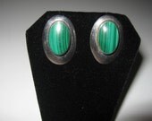 Vintage  Malachite Earrings sterling Silver Signed Hallmarked