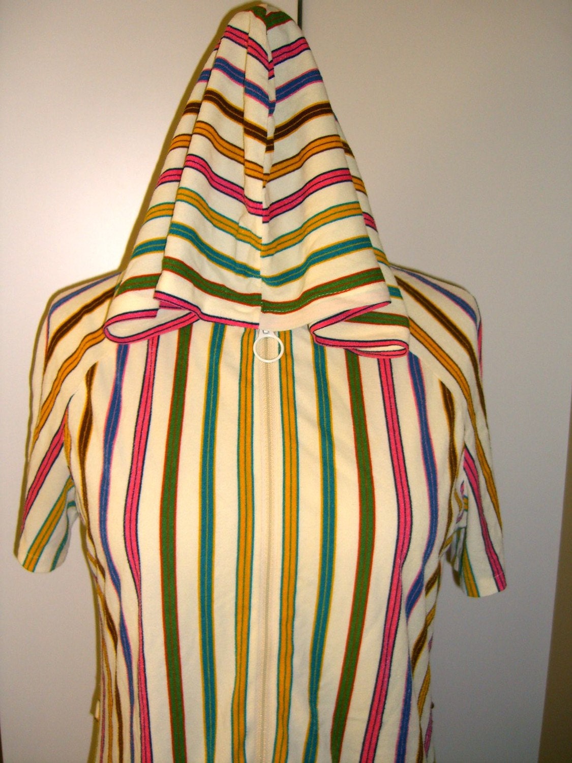 Rainbow Striped Hooded Top Tunic 1960's 1970's Vintage Loungewear Cover Up
