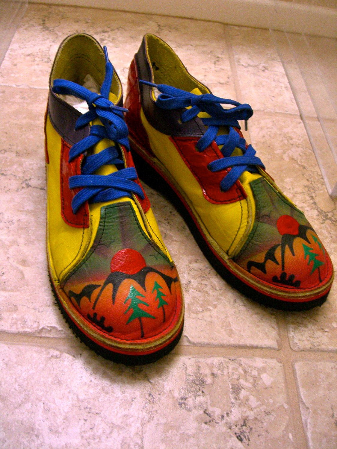 Vintage Hippie Air Brushed Shoes Hand Painted Lace Up Patchwork Sunrise - OwlVintage Vintage Hippie Air Brushed Shoes Hand Painted Lace Up Patchwork Sunrise - OwlVintage