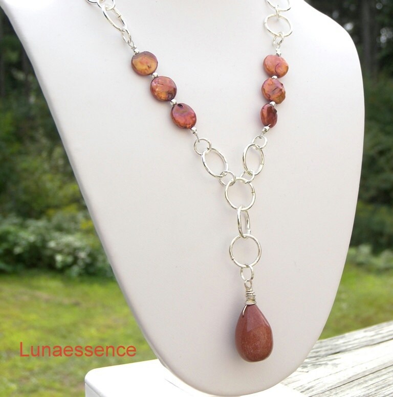 Gold Stone Briolette Wire Wrapped Copper Pearl Coin Necklace