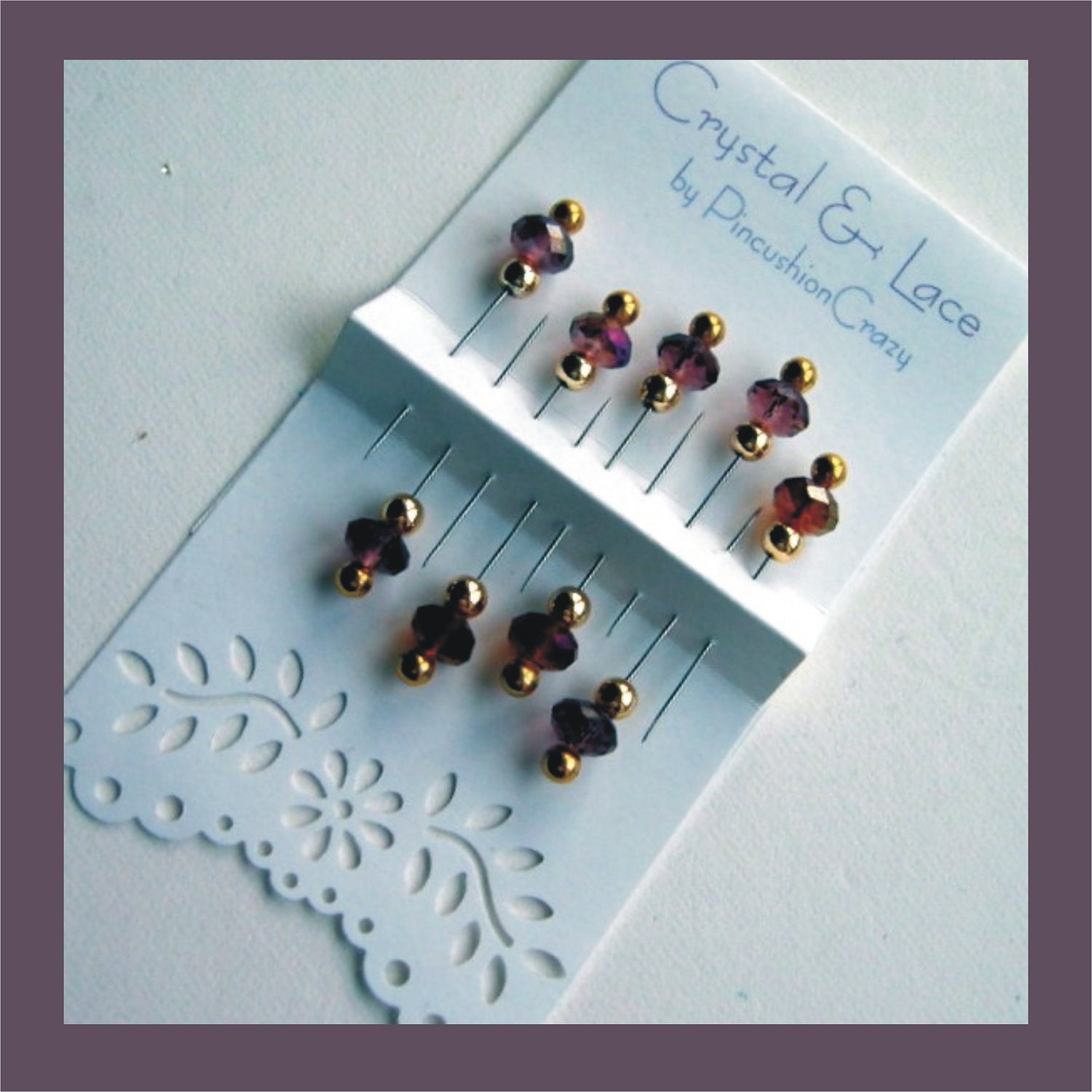 Purple Decorative Pins - Sparkling Crystals - Lacey Packaging - Set of 9