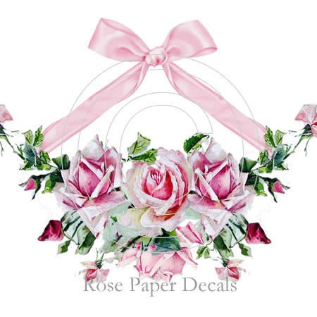Vintage Chic Shabby Pink Roses Spray Bow Decals ro-50