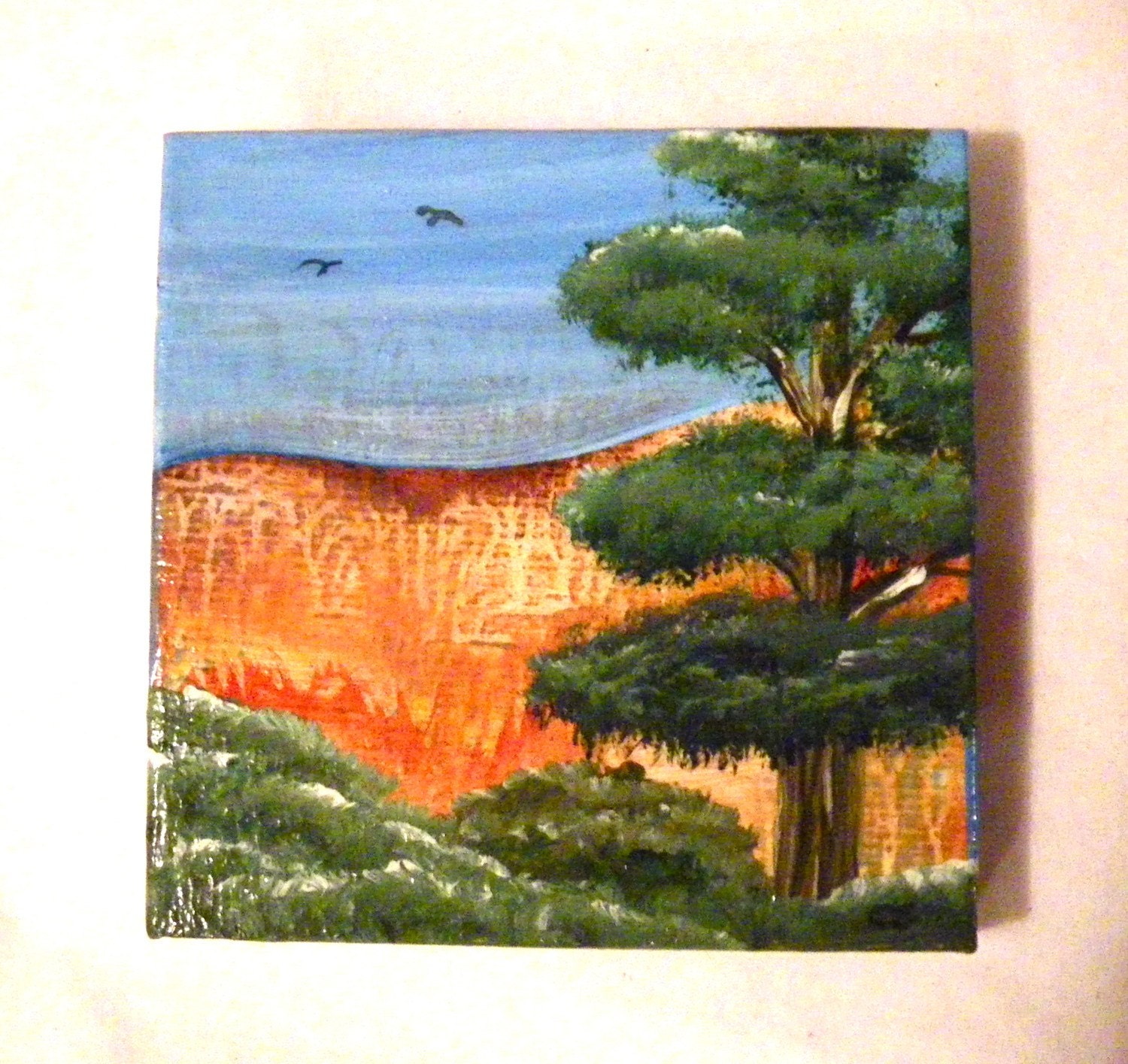 Mini painting. Big tree, original 3 x 3 inch small canvas painting.