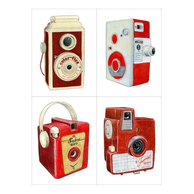 4 Red Camera Drawings - Print Set