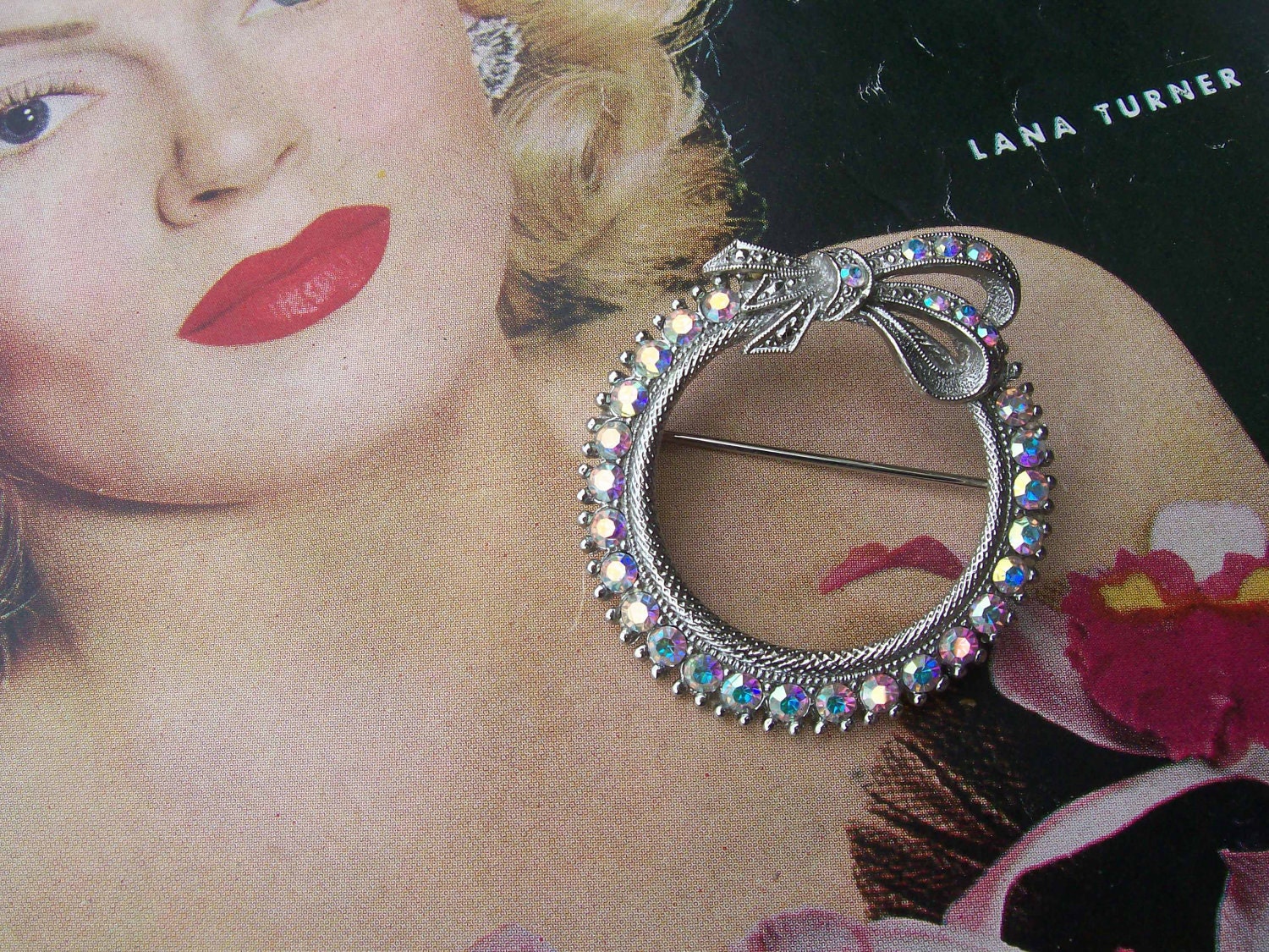 Vintage silver tone Aurora Borealis rhinestone round bow brooch Wedding Bridal