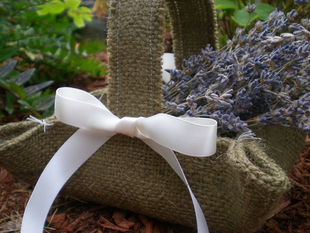 Little brown burlap flower girl basket for rustic weddings