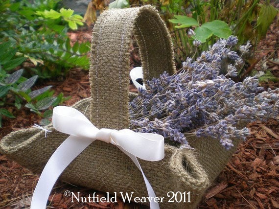 Little brown burlap flower girl basket for rustic weddings