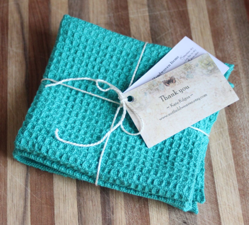 Handwoven waffleweave dishcloths / set of 2 teal peacock cotton cloths handmade by Nutfield Weaver