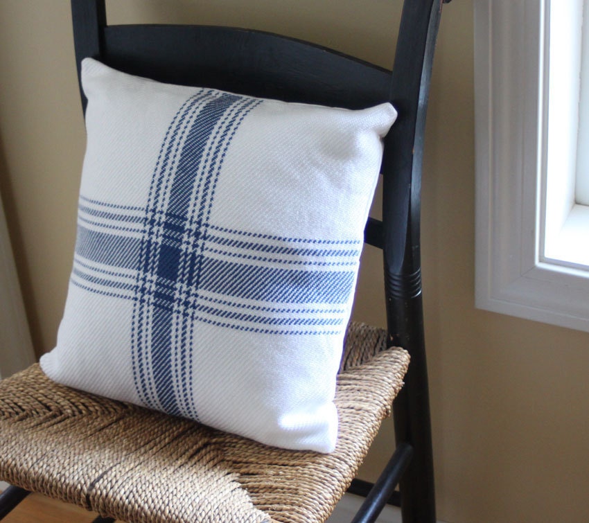 Nautical blue & white handwoven farmhouse plaid pillow cover. Handmade by Nutfield Weaver.