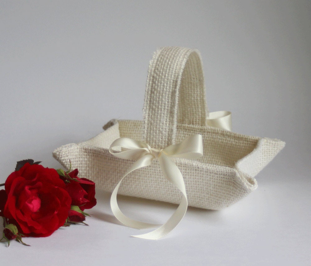 Little ivory burlap flower girl basket handmade for your rustic wedding