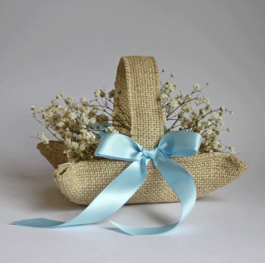 Little burlap flower girl basket. Khaki / natural jute with pale blue ribbon for rustic or beach weddings.