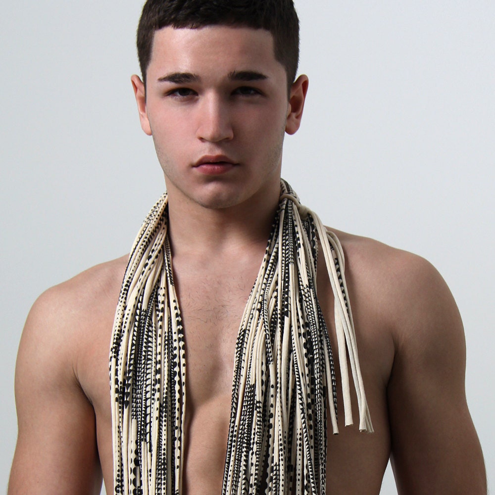 Summer Circle Scarf - Mens Necklace - Womens Scarf - Infinity Scarf Necklace - White Black - Tribal Burning Man Necklace - Fabric Jewelry
