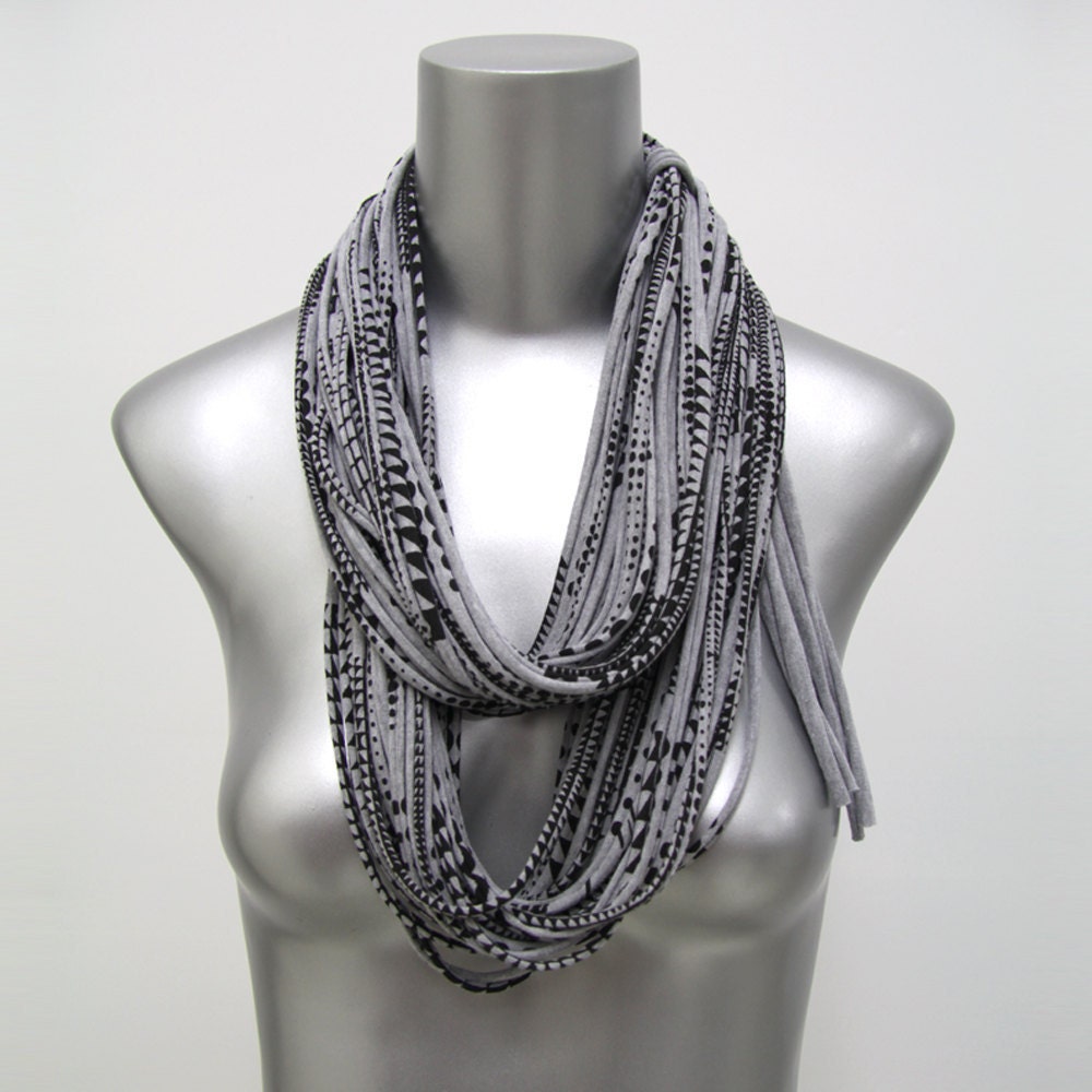 Heather Grey and Black Infinity Scarf Circle Scarf - Summer Scarf - Cotton -Loop Scarves - Womens Mens Necklace Fabric Jewelry Unique CIJ