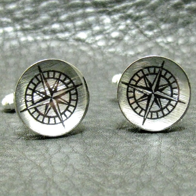 Rose Compass, Nautical, Navy, Sailor, Compass Silver Leaf Cuff links from The Cuft Lynx - A