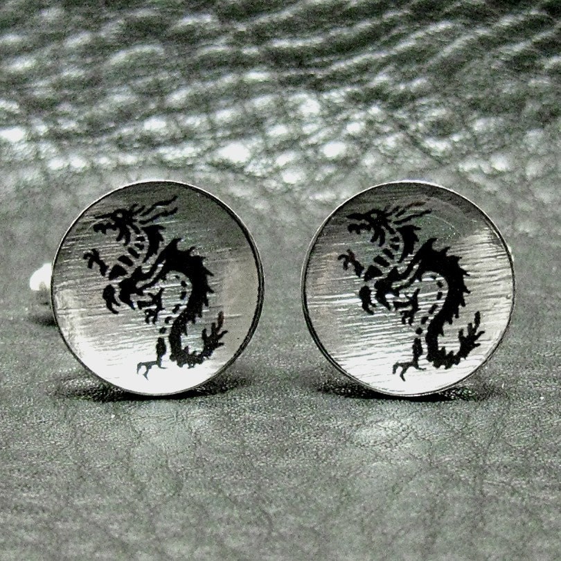 Asian Dragon Silver Leaf Cufflinks - A