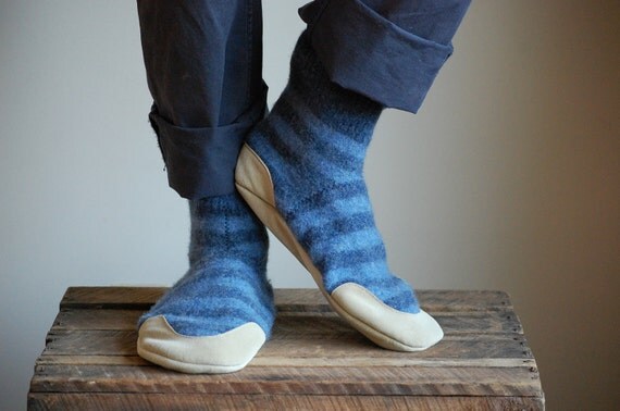 Wool Slipper Socks Leather Soles men size 10 women by WoolyBaby