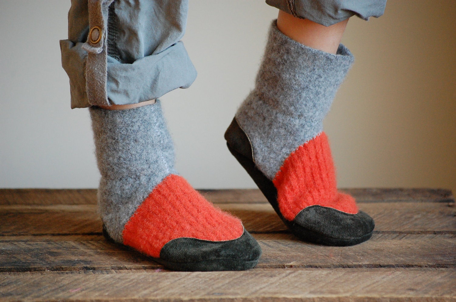 Kids Wool Slippers, Toddler Mukluks, Leather Soles, size 9.5, Firefly