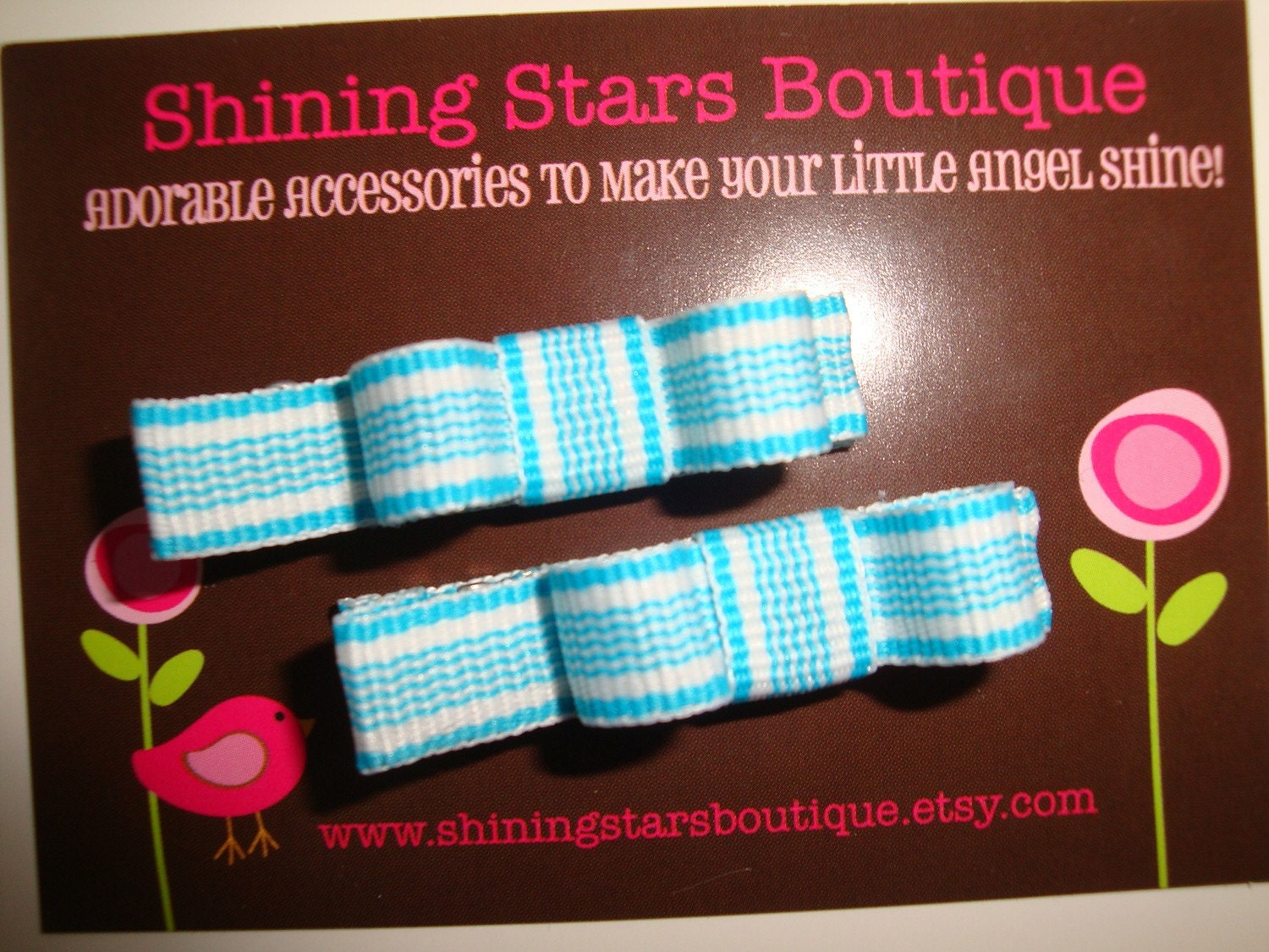 Turquoise Blue Wavy Zig Zag Stripes 'Tuxedo Style' Mini Bow Boutique Hair Clippie Set - Cute Accessory For Spring Or Summer Holidays - Adorable Gift Idea For Baby Showers, Birthday Presents, Or Girls Party Favors