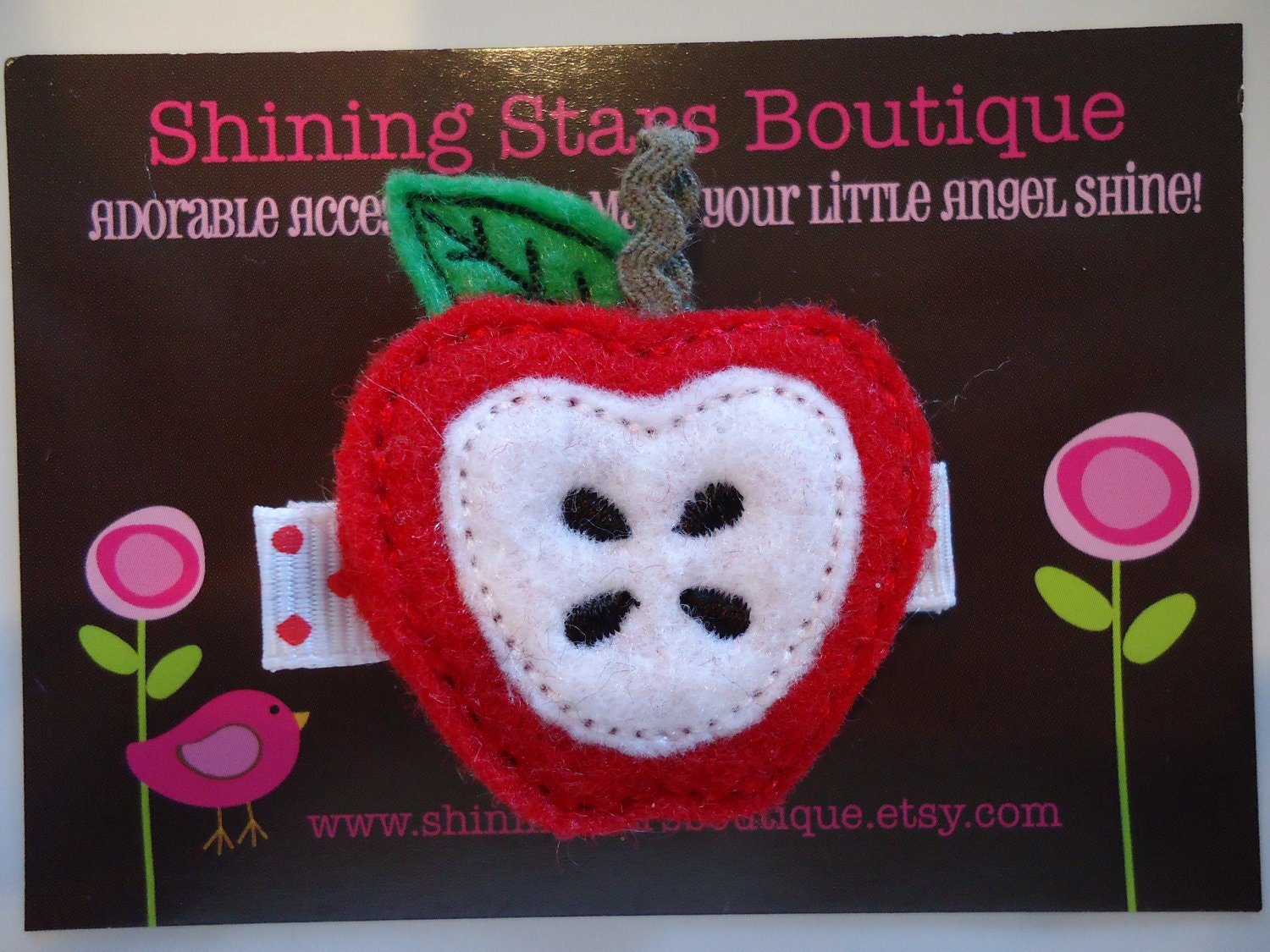 Girls Hair Accessories - Felt Hair Clips - Embroidered Boutique Felt Red Apple Fruit Hair Clippie For Girls - Back To School Clippies